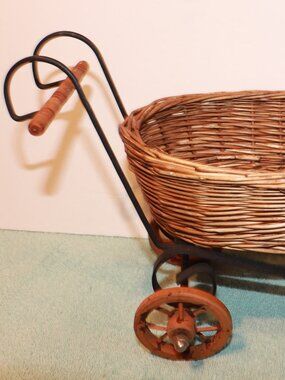 Vintage Victorian Wicker Lace Baby Doll Buggy Pram Carriage Stroller 12"